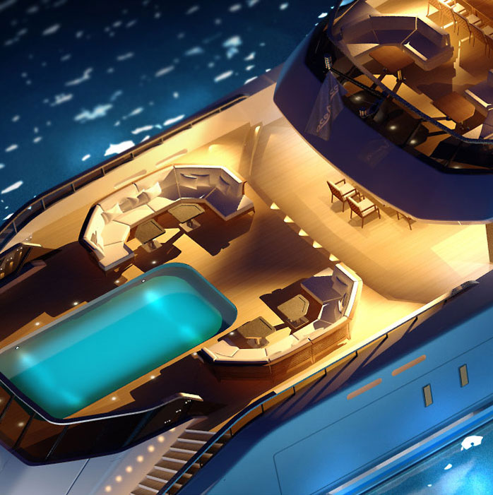 Close up digitized view of external upholstery and furnishings on superyacht