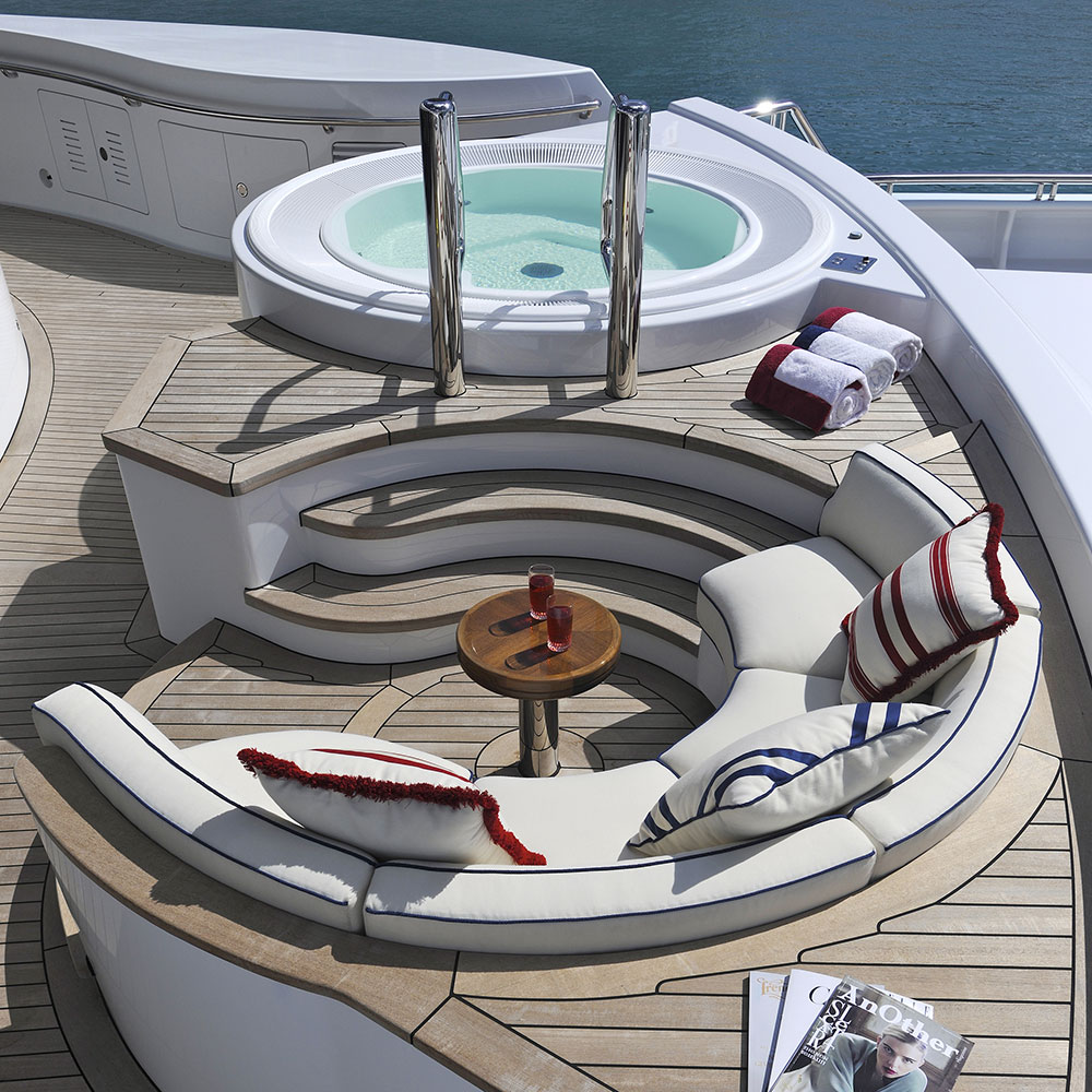 yacht upholstery and cushions on sun deck of superyacht