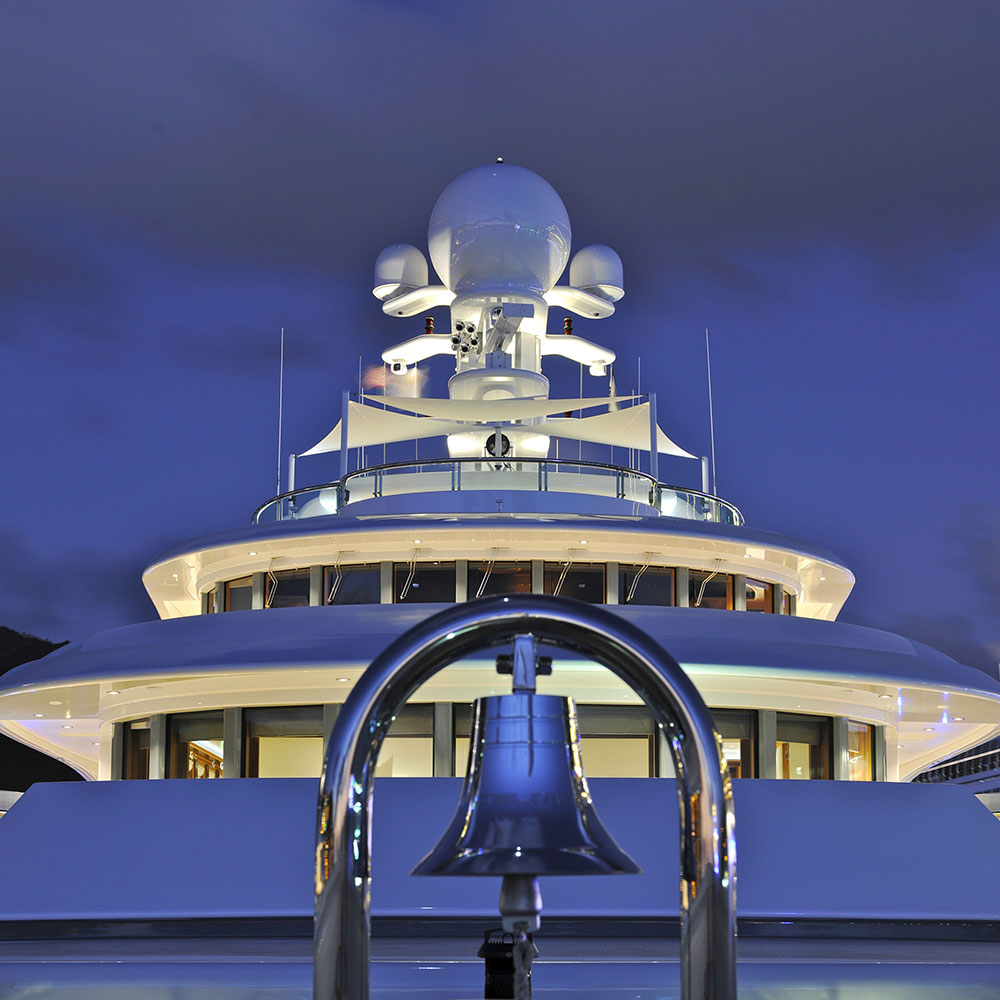exterior of superyacht showing yacht canvas on sun deck
