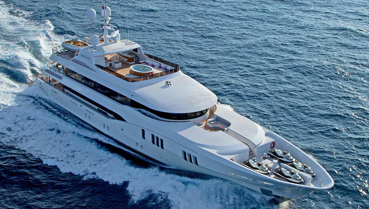 58m Motor Yacht with sun deck upholstery, hot tub, and jet skis in bow