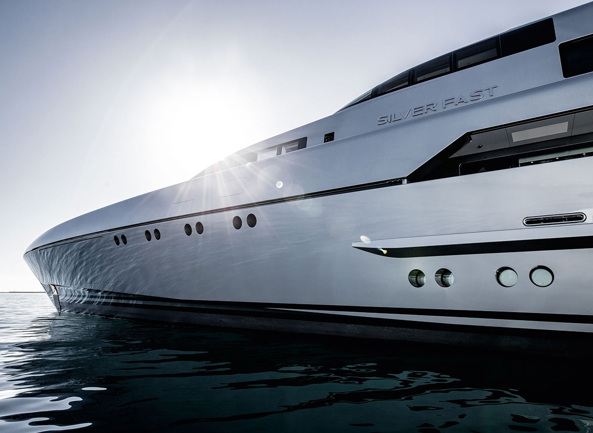 77m Silver Fast Yacht resting in the water