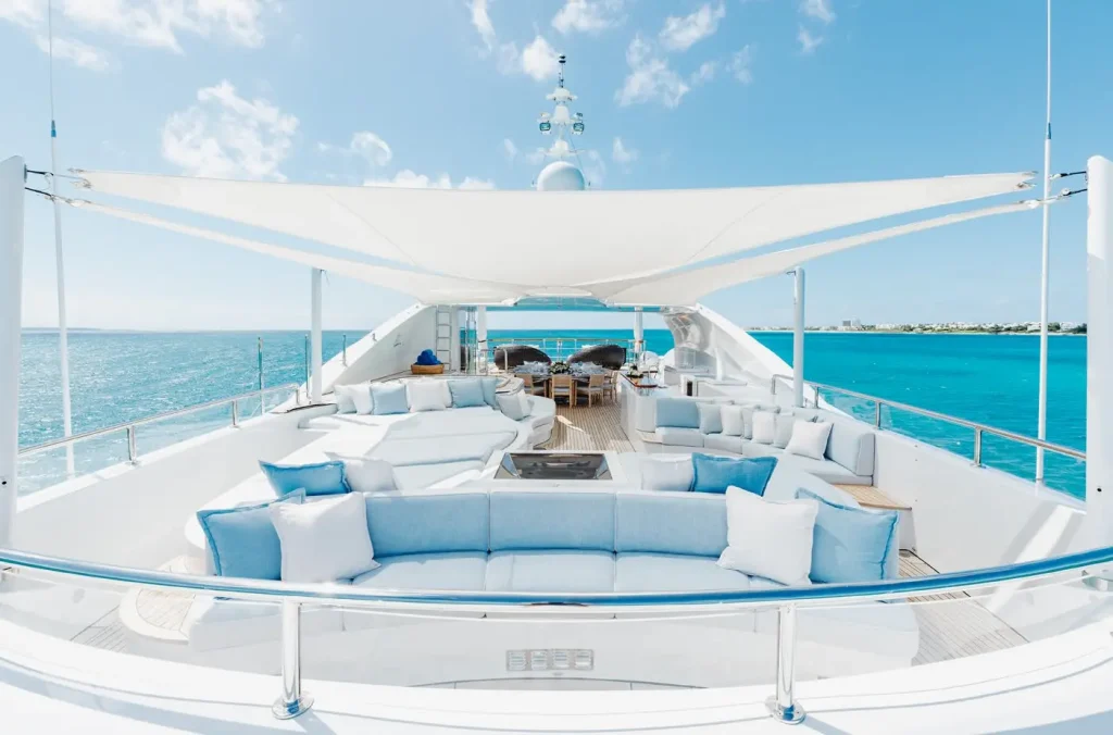 Yacht upholstery and furnishings on the top deck of a superyacht