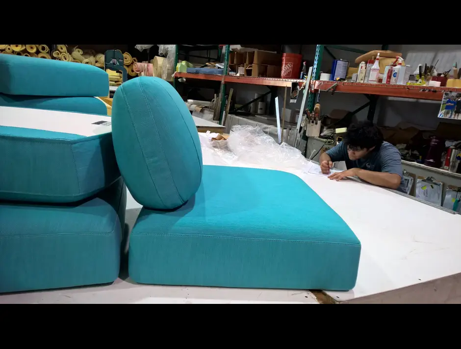Adam Voorhees blue cushions design from side on.