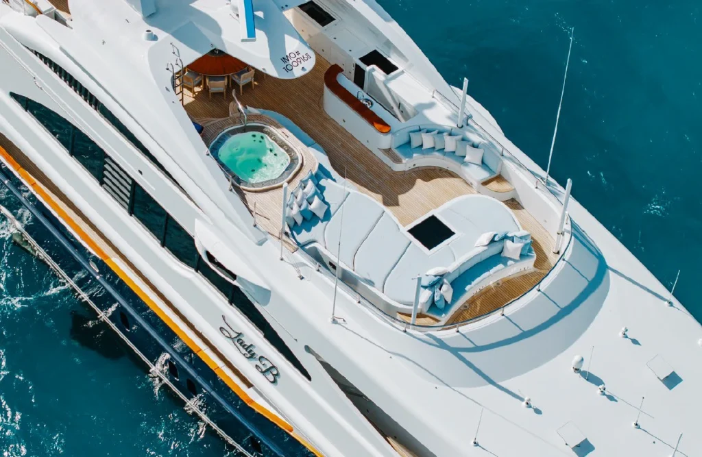 Birds eye view of yacht deck and exterior yacht furnishings
