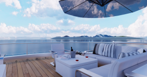 Black sail awning above white furnishings and striped cushions on deck with a coffee table with a bottle of red wine and two glasses.