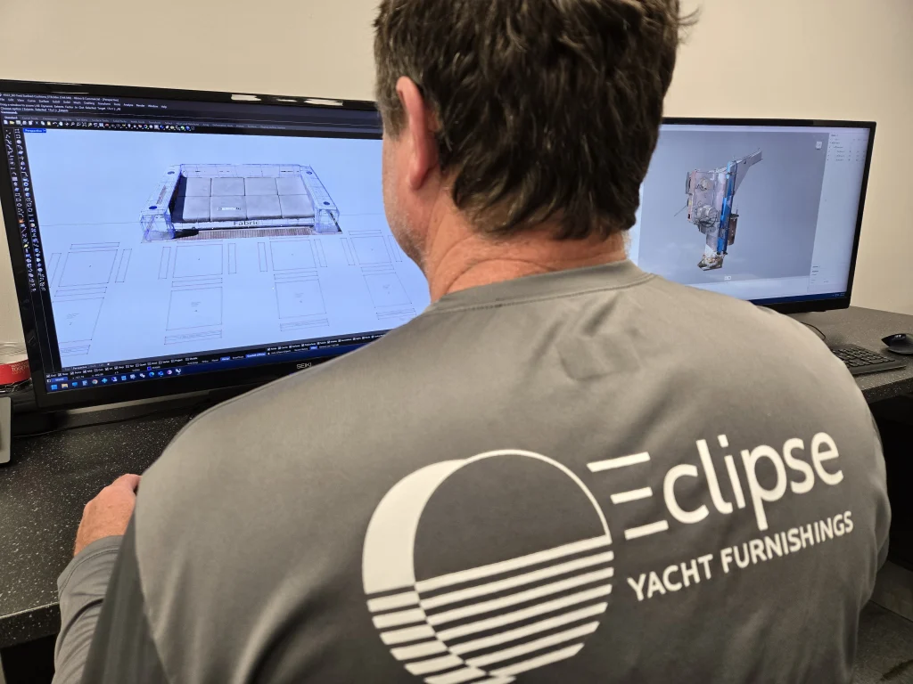 Eclipse Yacht Furnishings Designer working on 3D designing from the precise measurements we took.