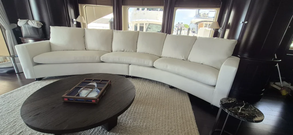 New white sofa that Eclipse has furnished for a superyacht with round corners.