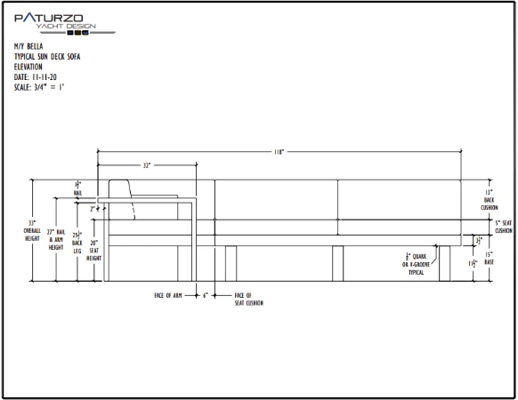 Face on design of yacht sofa with measurements.