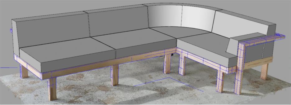 3D design of yacht sofa with cushions implemented.