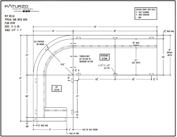 Birds eye view of yacht sofa with measurements.