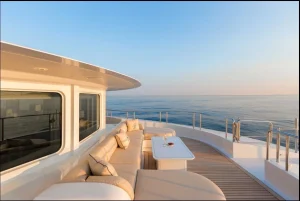 Exterior foredeck cushions and seating in front of a white table with a view over the sea.