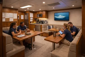 Four yacht crew members in their cabin sitting at tables with coffee on cushioned upholstery.