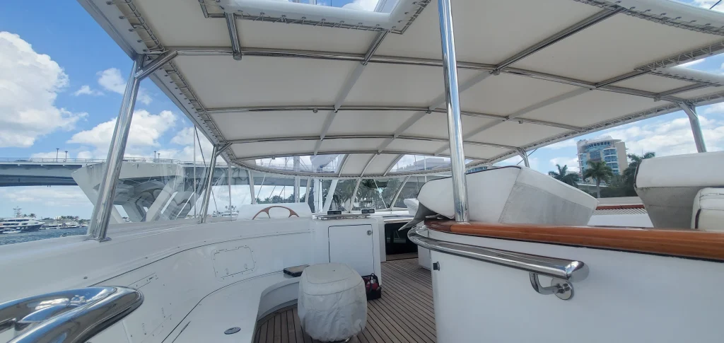 Underneath the bimini built onboard a superyacht by Eclipse Yacht Furnishings.
