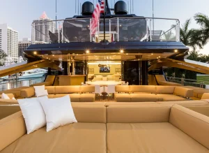 Luxury yacht furnishings on the exterior deck of a superyacht.